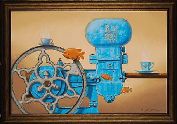 Little Blue Steam Engine - Antique Steam Engine, Garibaldi, Fish, Antique tea cups by Linda Herzog