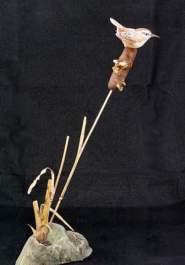 Miniature Marsh Wren - Wood Sculpture by Uta Strelive
