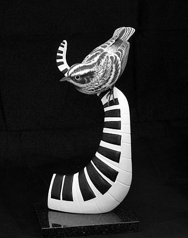 Variations in Black and White - Wood Sculpture of a Black and White Warbler by Uta Strelive