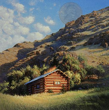 Canyon Country Retreat / Miniature (Sold) - Landscape with mountain log cabin by Linda Rossin