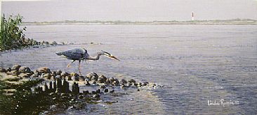 The Bay Fisher - Great Blue Heron & Barnegat Light by Linda Rossin