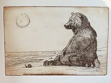 Peace at the beach - Bear and people at the beach by Kirsten Bomblies