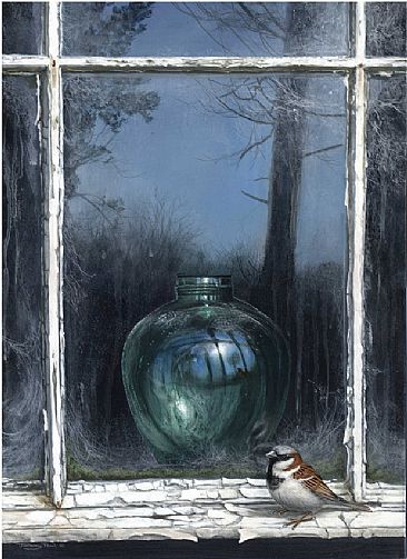 Reflections in a green jar - house sparrow by Jeremy Paul