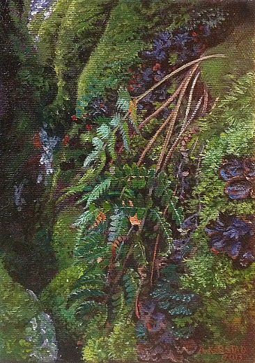Green Grotto, Frontenac Arch - Close up plein air painting of ferns, moss, and lichens on a granite cliff face by Aleta Karstad