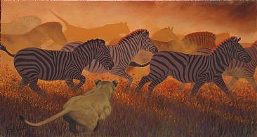 Zebra Chase -  by Guy Coheleach