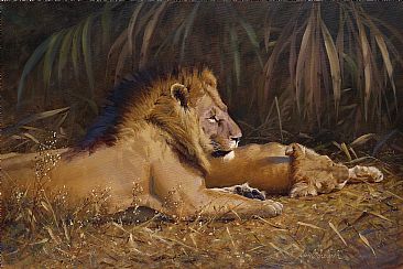 Lion Pair Siesta -  by Guy Coheleach