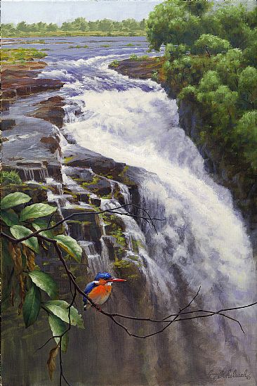 Vic Falls and Malakite Kingfisher -  by Guy Coheleach