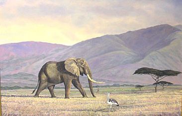 Evening Stroll - African Elephant, Masaai Warrior & Secretary Bird, in Ngorogoro Crater by Mel Dobson