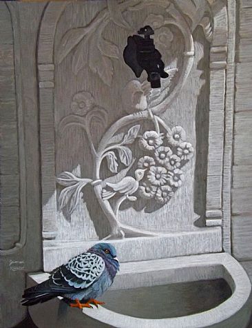 Three birds and a Fountain - Rock Dove by James Kiesow