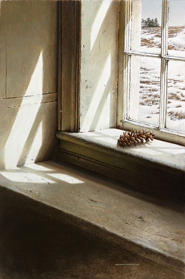 White Pine - Interior window, white pine cone, & exterior scene by Michael Dumas