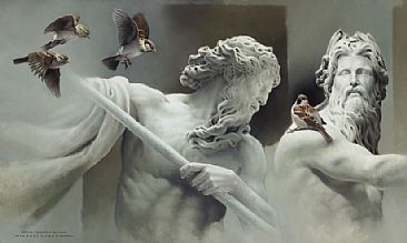 INFLUX - Sparrows in the Louvre - House Sparrows & Poseidon Sculpture by Michael Dumas