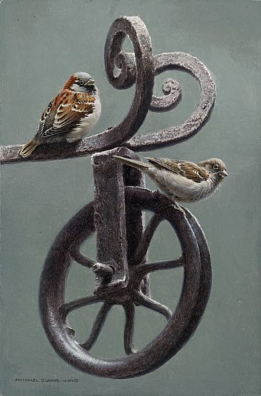 Ram's Head Pulley - House Sparrows by Michael Dumas