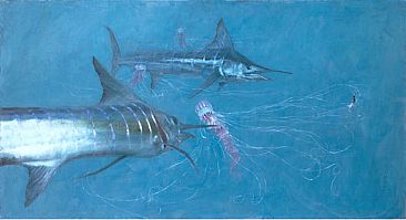Two Striped Marlin and three Pelagida Jellies - marlin jellyfish by Stanley Meltzoff
