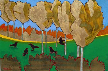 Meeting At Aspen Grove - autumn trees and crows by Leo Osborne