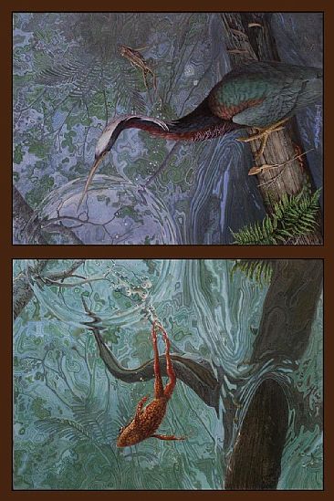 RIPARIAN RASHOMON (diptych) - Agami Heron; Brilliant Forest Frog by Carel Brest van Kempen