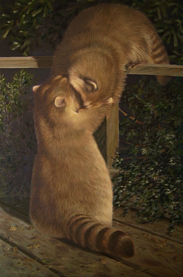 Lamplight Tryst - Raccoons by J. Sharkey Thomas