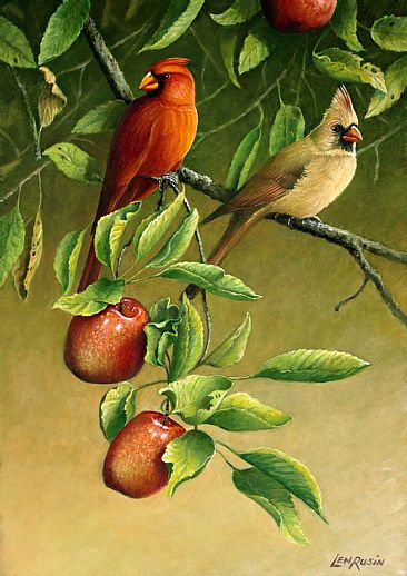 Royal Couple in the Wild Apples - Cardinals by Len Rusin