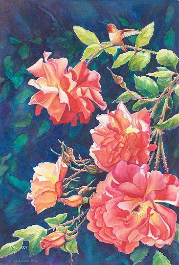 Summer Joys - Roses & Rufous Hummingbird by Linda Parkinson