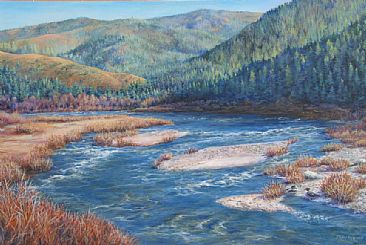 Fall on the Klamath River - Landscape with mergansers by Paula Golightly