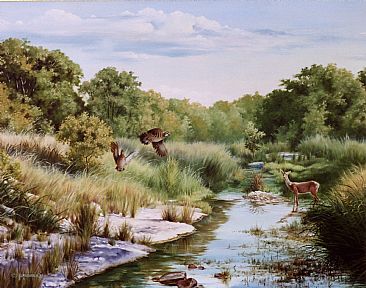Encounter on the Creek - Bobwhite quail & deer by Kenneth Helgren