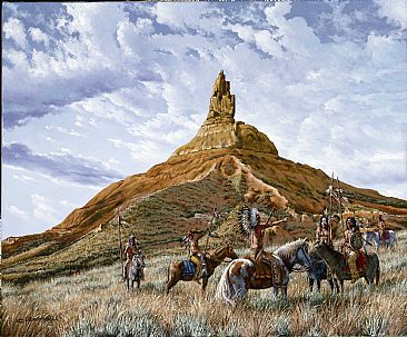 War Council at Chimney Rock - Warriors on horseback. by Kenneth Helgren