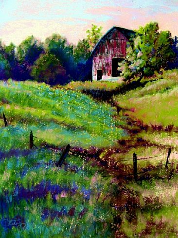 Old Man on the Hill - landscape with old barn by Betsy Popp