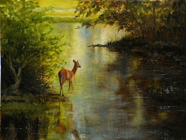 Morning Water - Riverscape with Deer  by Betsy Popp