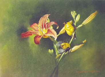 Lilies and Light - Daylily and Goldfinches by Arnold Nogy