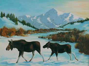His First Winter - Mom and Yearling Moose by Kitty Whitehouse