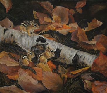 Autumn Forage - chipmunks in autumn leaves by Debbie Hughbanks