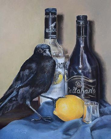 Old Crow - crow and bottles in still life setting by Debbie Hughbanks
