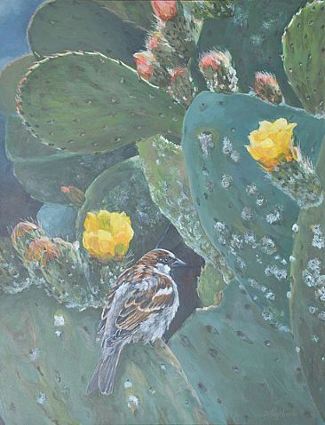 Prickly Perch - sparrow on cactus by Debbie Hughbanks