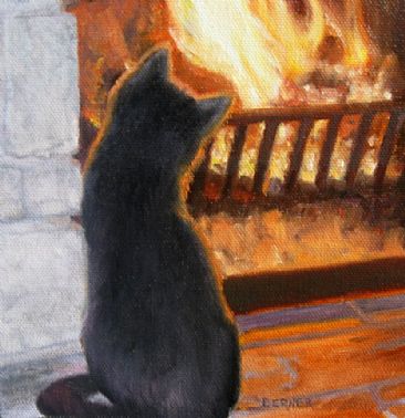 Bewitched - Cat watching the fire by Sally Berner