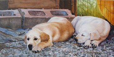 Maybe Tomorrow, Won Third Prize and Best Puppy in Art Show at the Dog Show, Wichita, KS - Two Yellow Labrador Retriever pups by Sally Berner