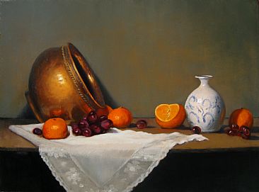 Still Life with Lace - Still Life with copper pot, lace & orange by Sally Berner