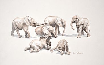 Elephant Calves - Getting Down and Dirty - African elphants by Lyn Ellison