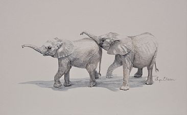 Elephant calves - 'A Push Should Get You Started' - African elephant calves by Lyn Ellison