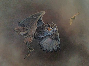 Rite of Passage - Great Horned Owl & Bats by Raymond Easton