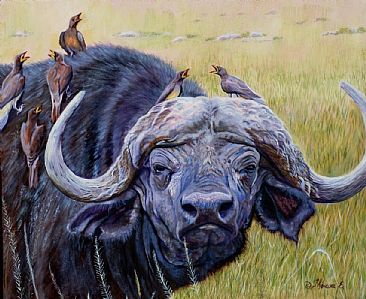 Oxpecker Head - Cape Buffalo with Oxpeckers by Theresa Eichler