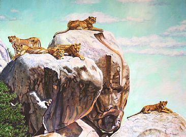 Sisterhood of the Simba Kopje (reworked in 2010) - lioness grouping in Serengeti - Simba Kopje by Theresa Eichler