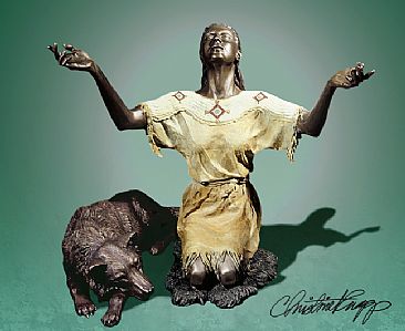 Prayer of the Wolf Maiden - Native american woman with wolf by Christine Knapp