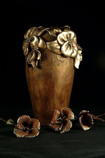 BLOOM - INTO THE GARDEN COLLECTION  FLORAL BRONZE VASE WITH THREE HAND SCULPTED BRONZE HISBISCUS FLOWERS by Reggie Correll