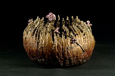 FLOW IV - AGE OF BRONZE COLLECTION - BRONZE BOWL WITH HAND SCULPTED FLOWERS IN PASTELS by Reggie Correll