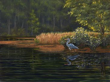 Morning light at The Wilds - Great blue heron on a lake by Mary Louise Holt