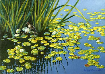 Pondering on a Peaceful Pond - female Red-Winged Blackbird on a pond with white water lilies by Mary Louise Holt