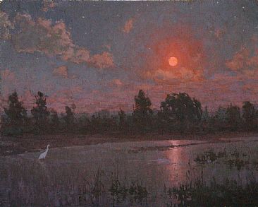 A Moments Pause - Egret, Moonrise by David Gallup