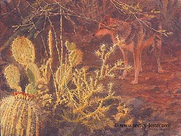 Sonora Sundown - Mexican Wolf - Small Wildlife Painting by John Seerey-Lester