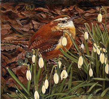 Wren and snowdrops - birds by LaVerne Hill