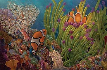 Here's Naiomi - Female (larger) and male Clownfish (Amphiprion percula) Papua New Guinea by Jerry Venditti