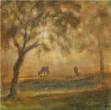 Morning in the Orchard - Landscape with deer by Dianne Munkittrick